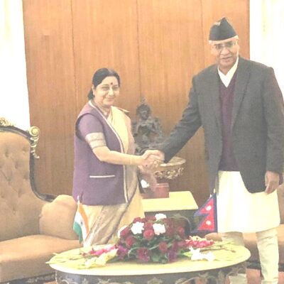 ओलीसँग शुरुभएको सुष्मा स्वराजको भेटवार्ता प्रधानमन्त्री देउवासँगै अन्त्य